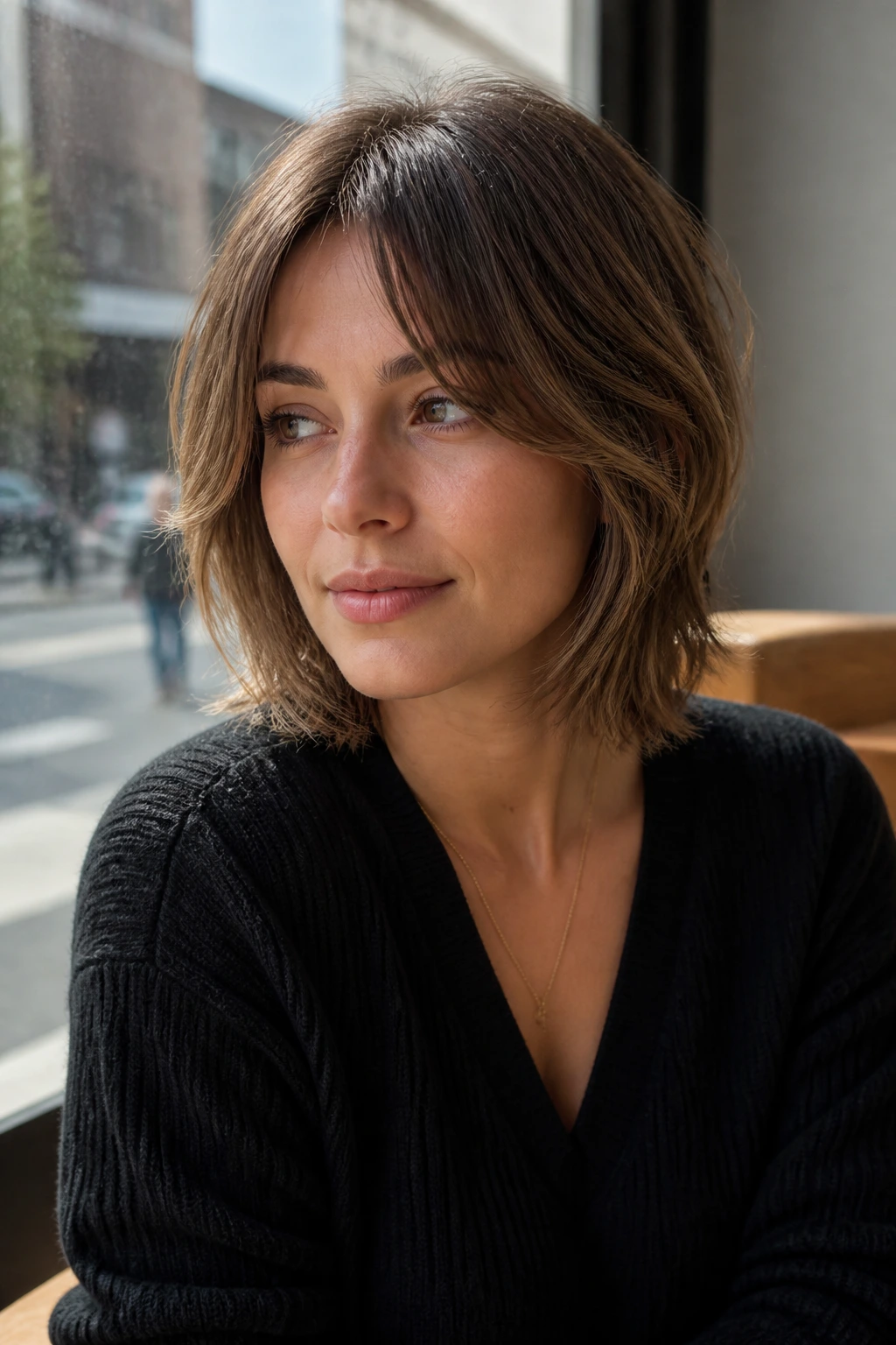 Portrait of a woman with airy shag-bob and center-split bangs in cafe setting.