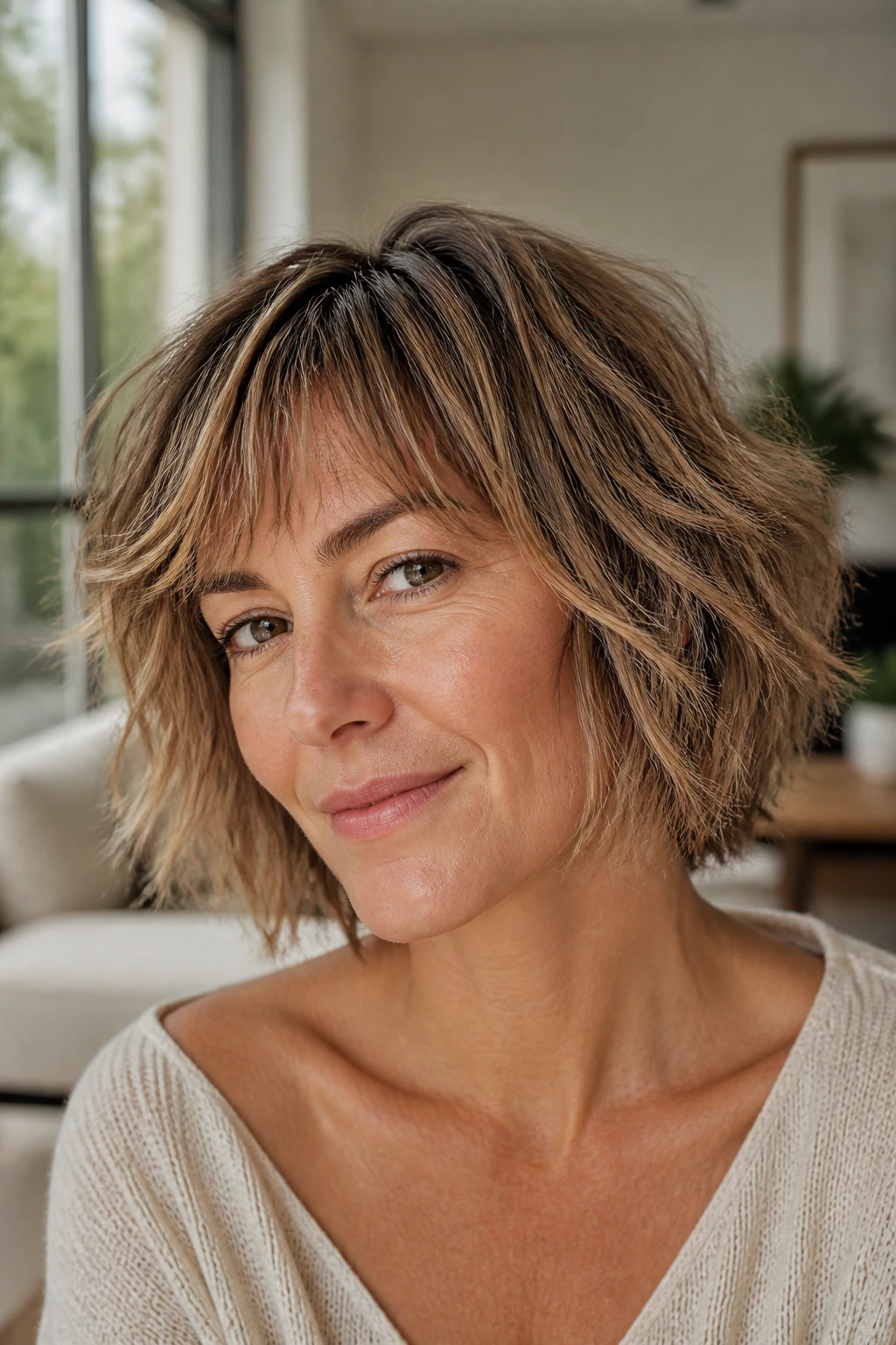 Close-up of a real woman with an airy shag bob and loose waves
