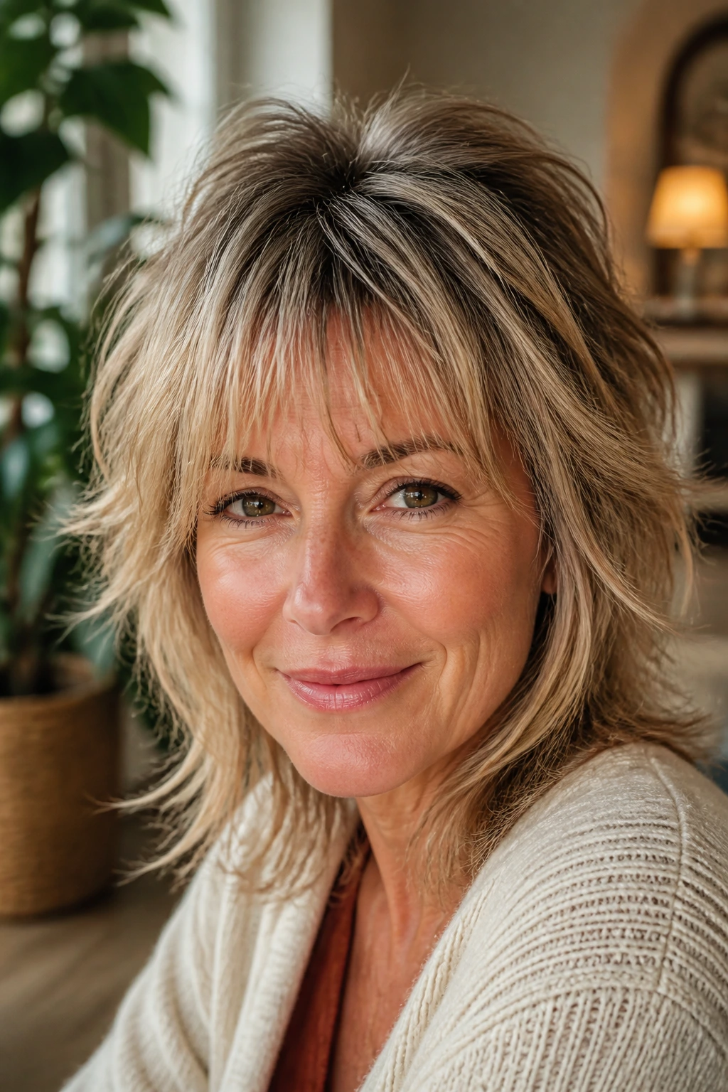Close-up of a woman with airy shag bangs and crown lift