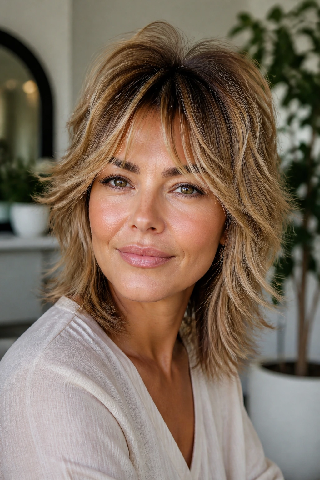 Close-up of a woman with an airy shag hairstyle and crown lift
