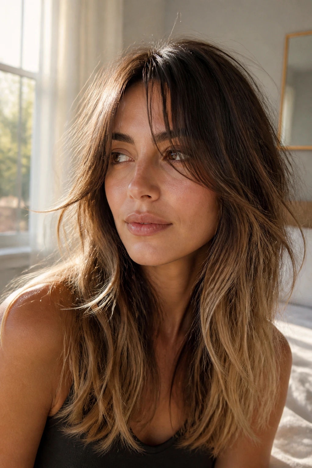 Close-up portrait of a real woman with airy long shag and sunlit ends in warm daylight