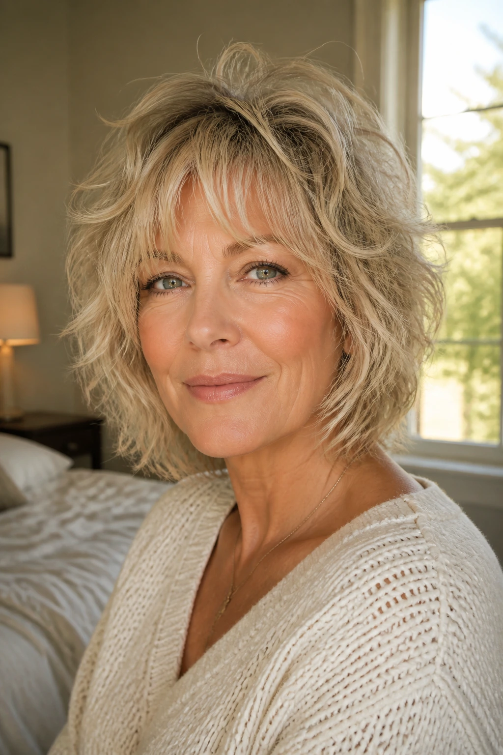 Real woman with airy shag for fine hair in sunlit bedroom