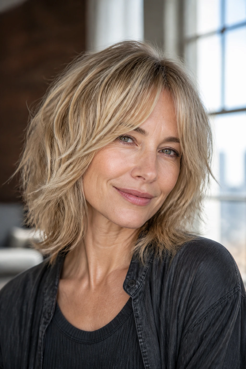 Portrait of a woman with an airy shag, lift at the crown and textured ends.