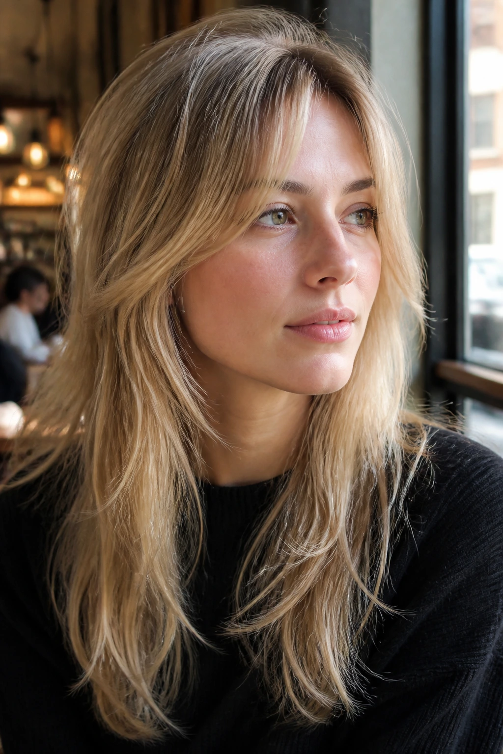 Close-up portrait of Airy Shag for Fine Long Hair on a real woman with light, airy layers