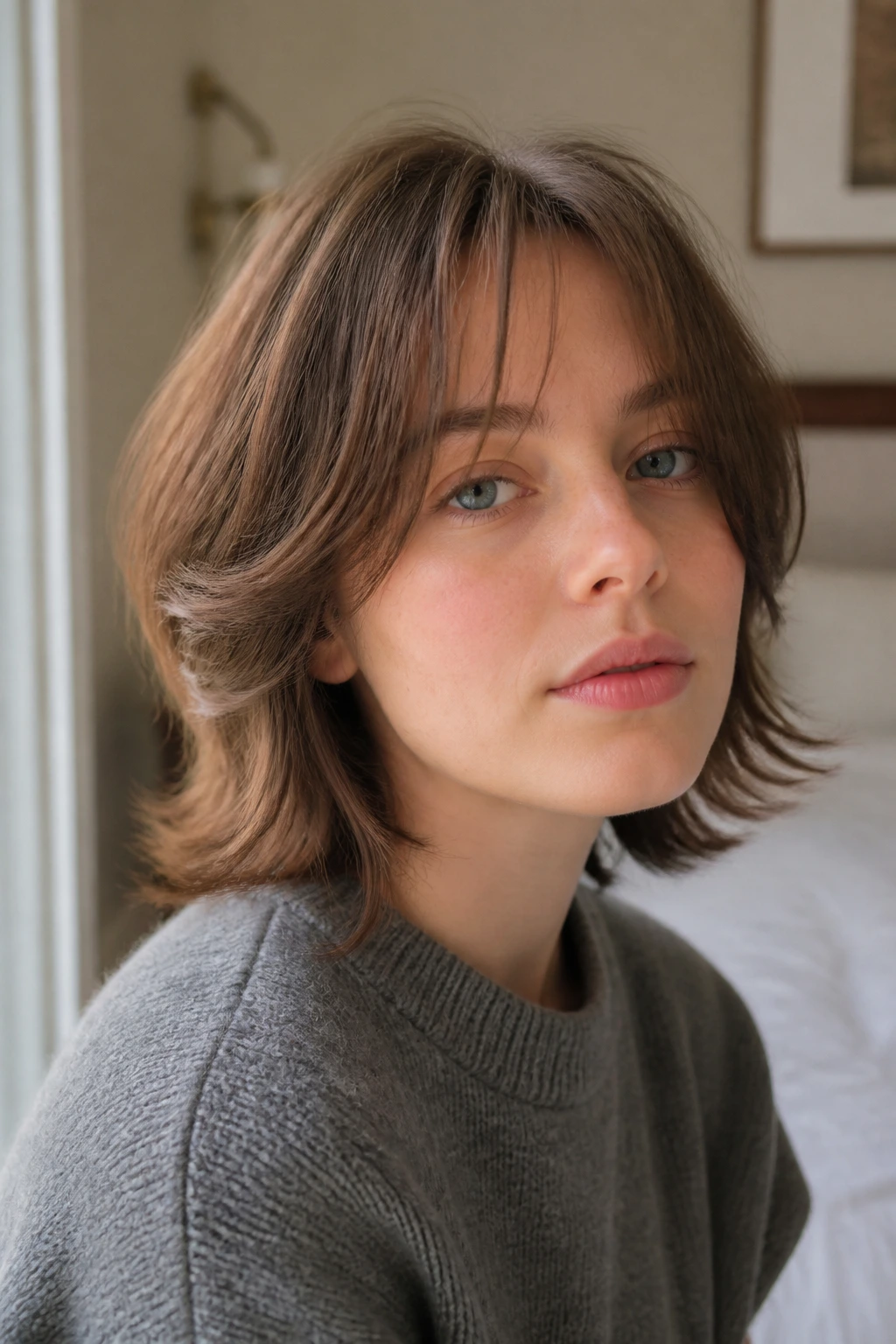 Close-up portrait of a girl with airy shag and flip ends in natural window light