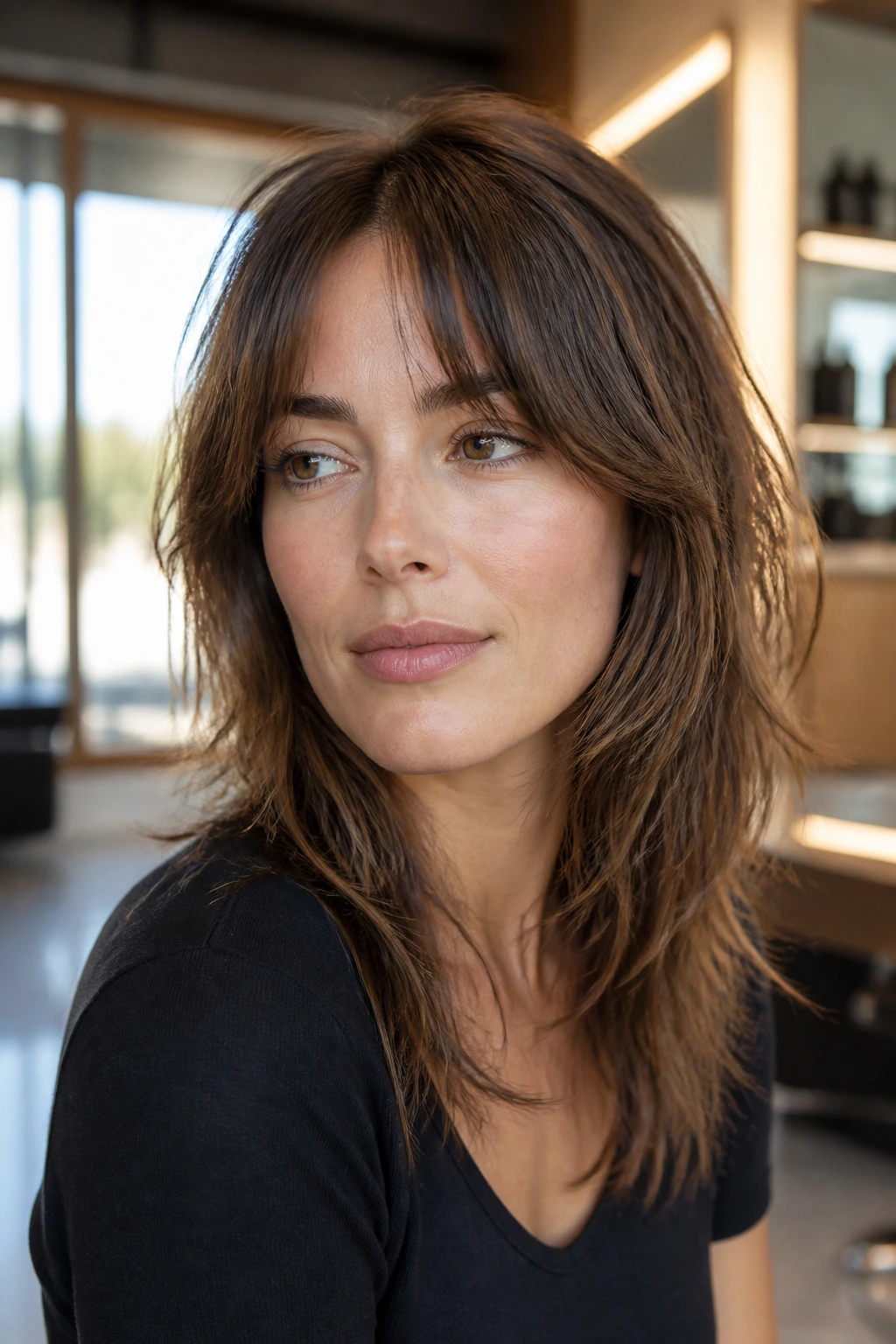 Close-up of a real woman with an airy shag showing invisible layers in a modern salon