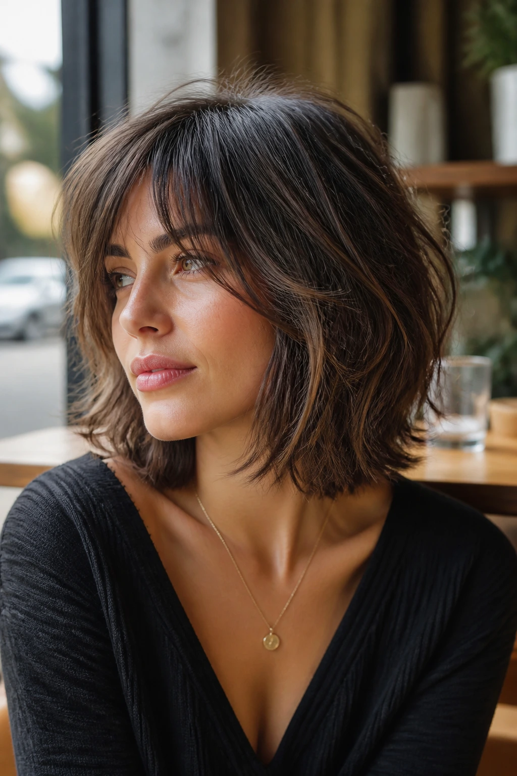 Close-up of a real woman with an airy shag lob in cafe window light