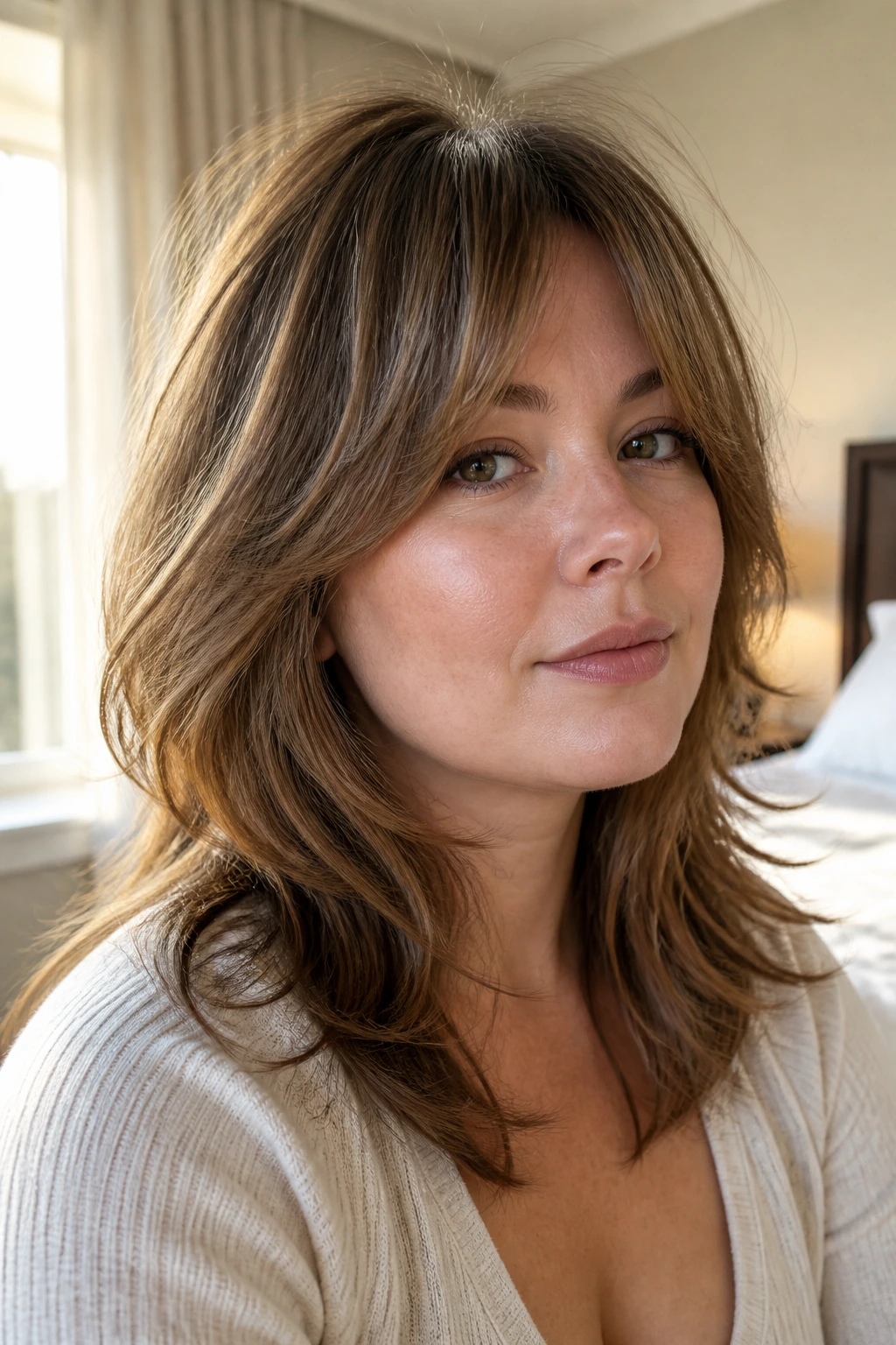 Close-up portrait of a real woman with airy shag and long layers in warm window light