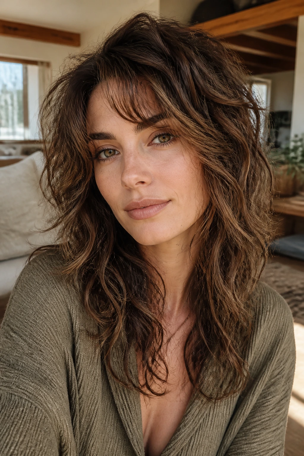 Close-up of a real woman with an airy grown-out shag and brunette veils, warm natural light