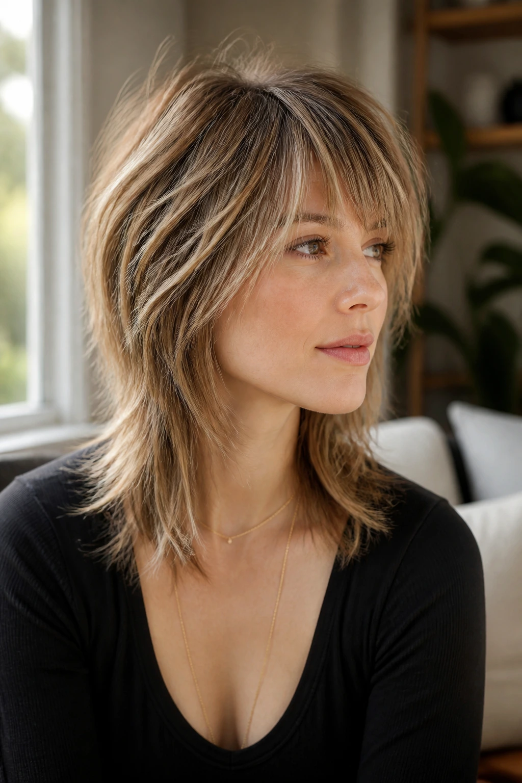 Close-up portrait of a real woman with an airy shag and longer neckline