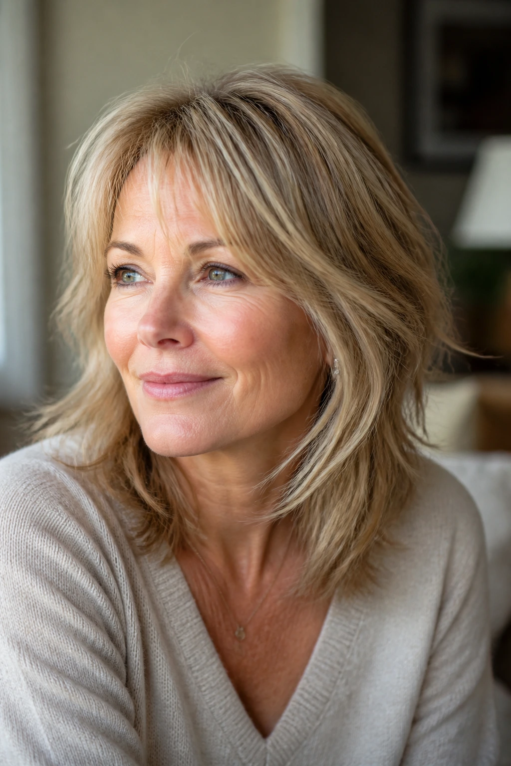 Portrait of a real woman with airy shag showing lift and texture.