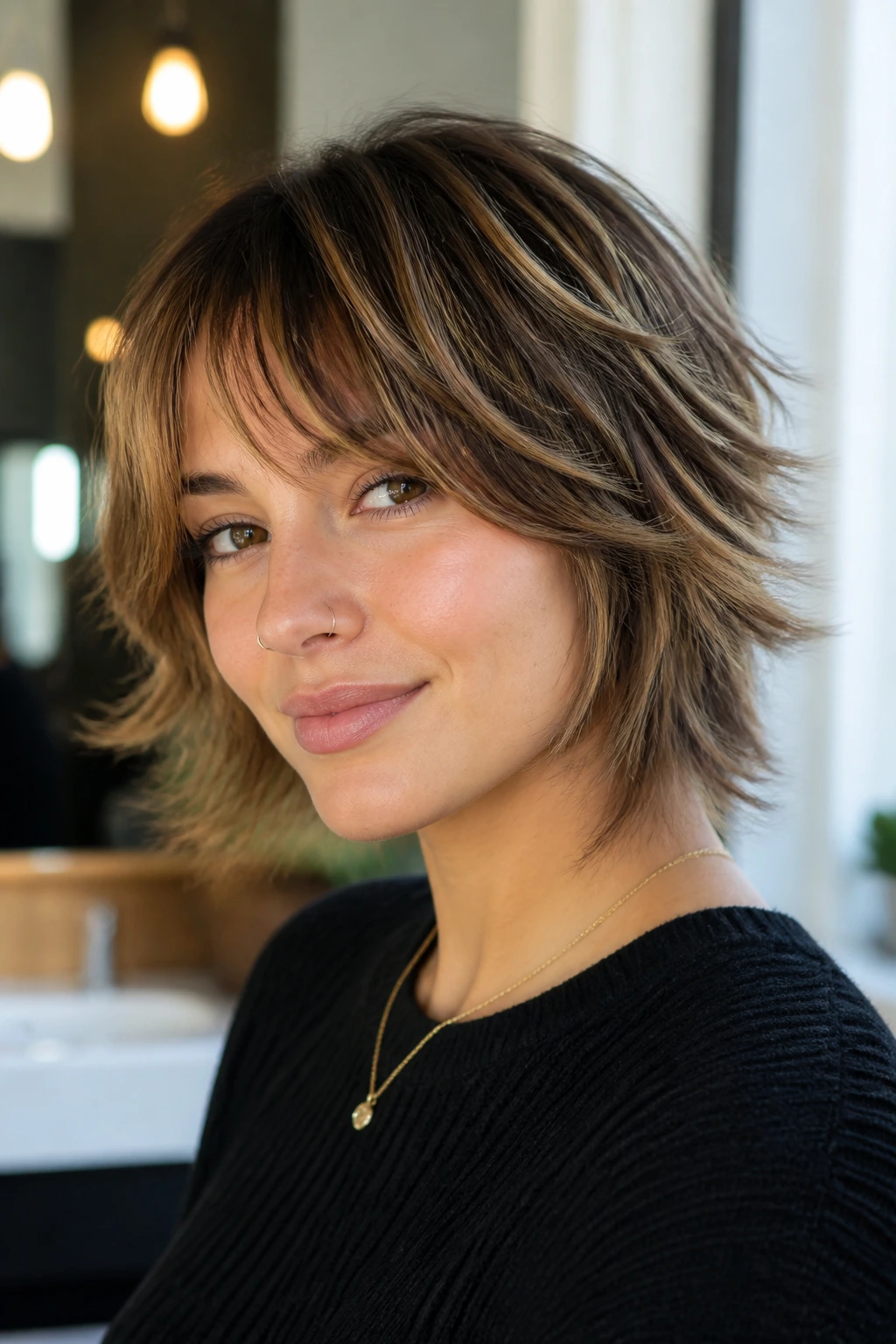 Portrait of a real woman with an airy mini shag on straight hair and caramel highlights.