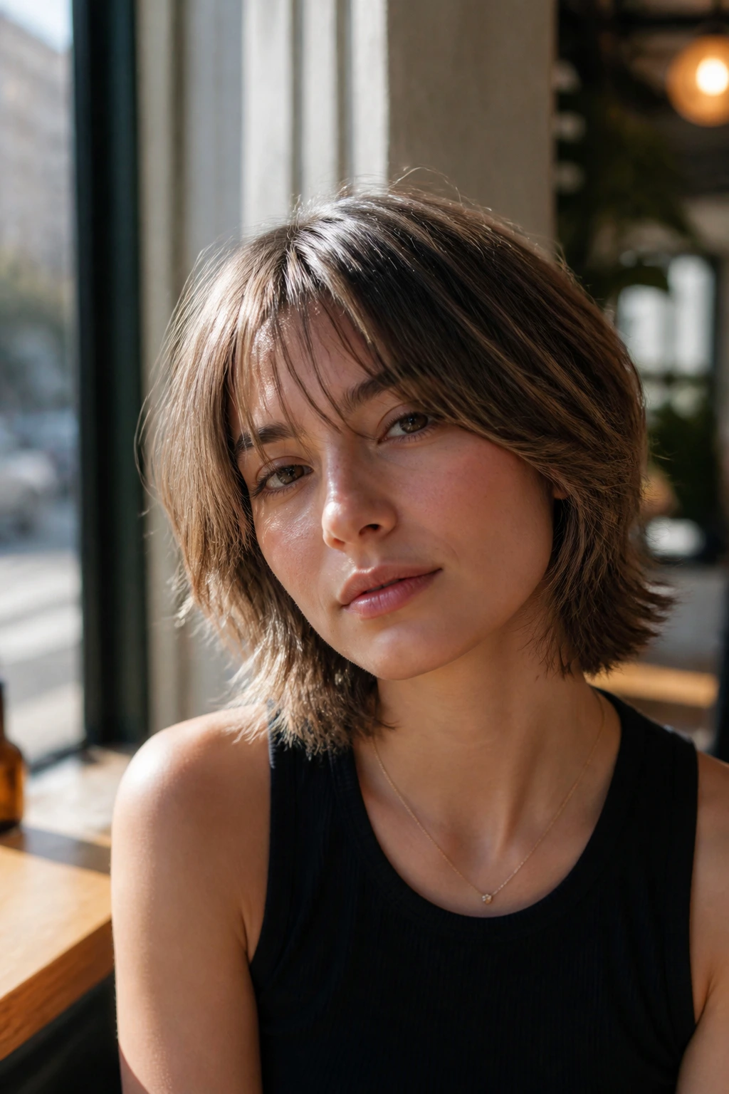 Close-up of a real person with airy mini-shag texture and soft curtain bangs in a sunlit cafe