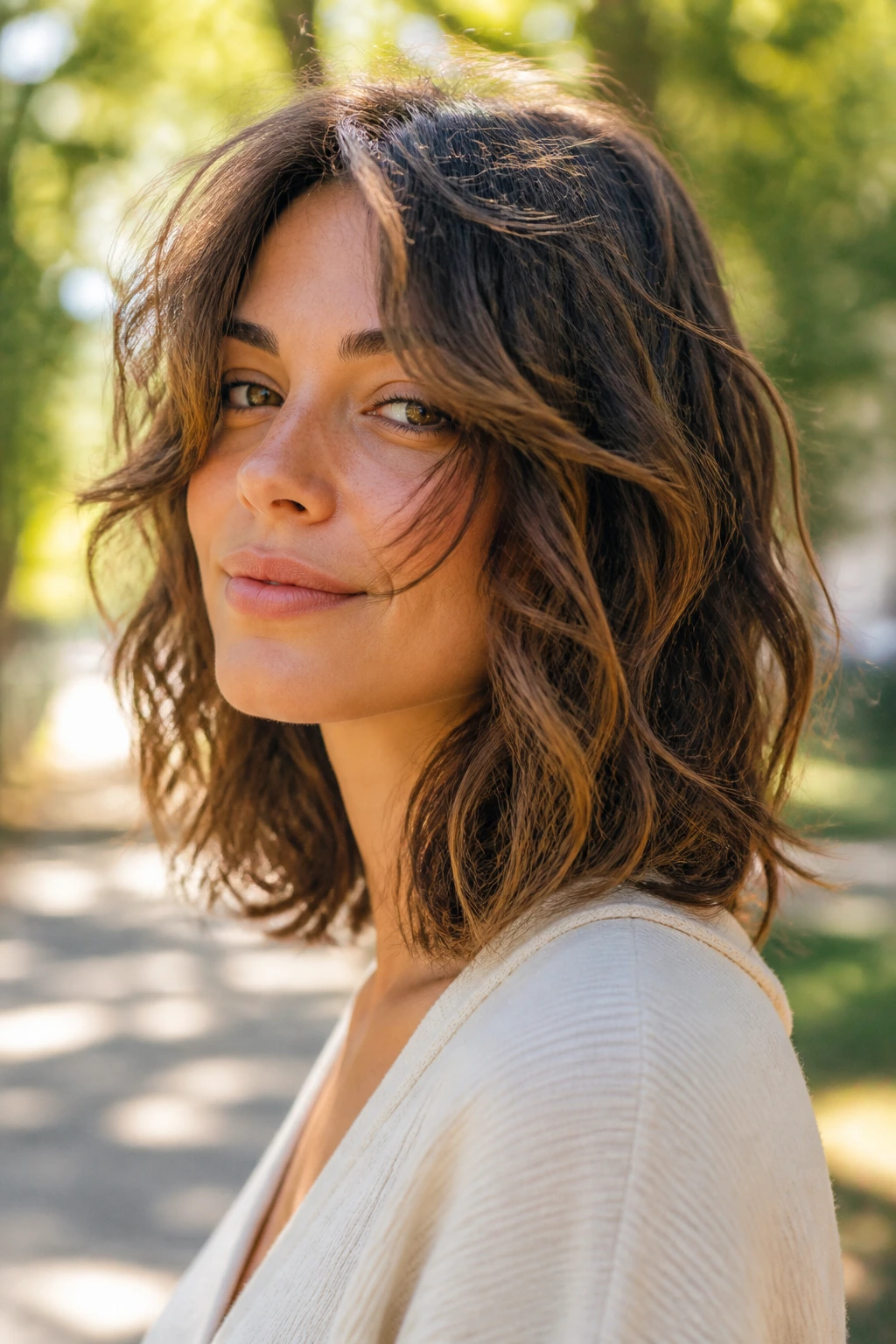 Close-up portrait of a real woman with airy shoulder crop hairstyle