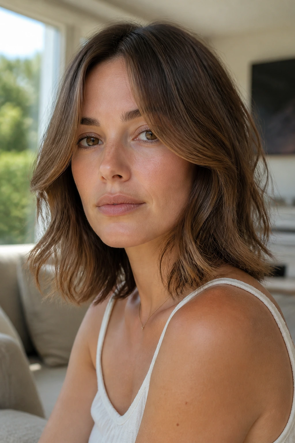 Close-up portrait of a real woman with an airy shoulder-length cut in warm window light.