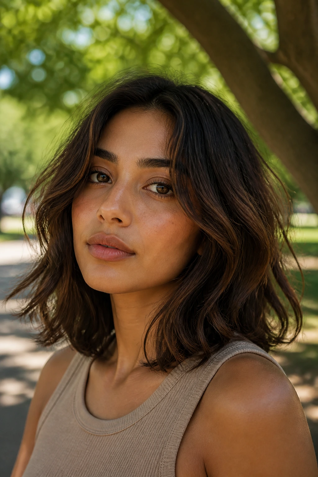 Close-up of real woman with airy shoulder cut and internal movement brunette hair