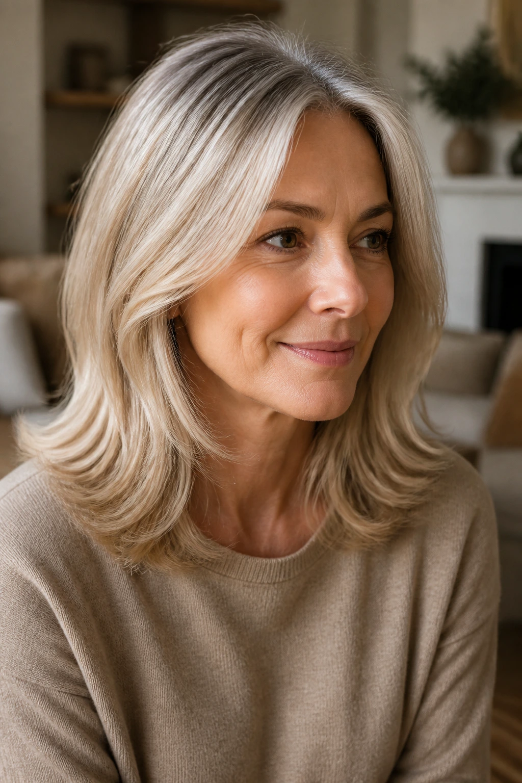 Real woman with shoulder-length layers and pearl-beige finish