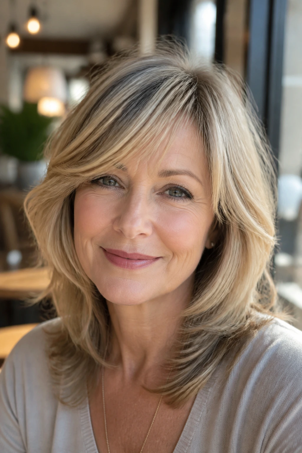 Airy side-swept bangs with soft layers on real woman