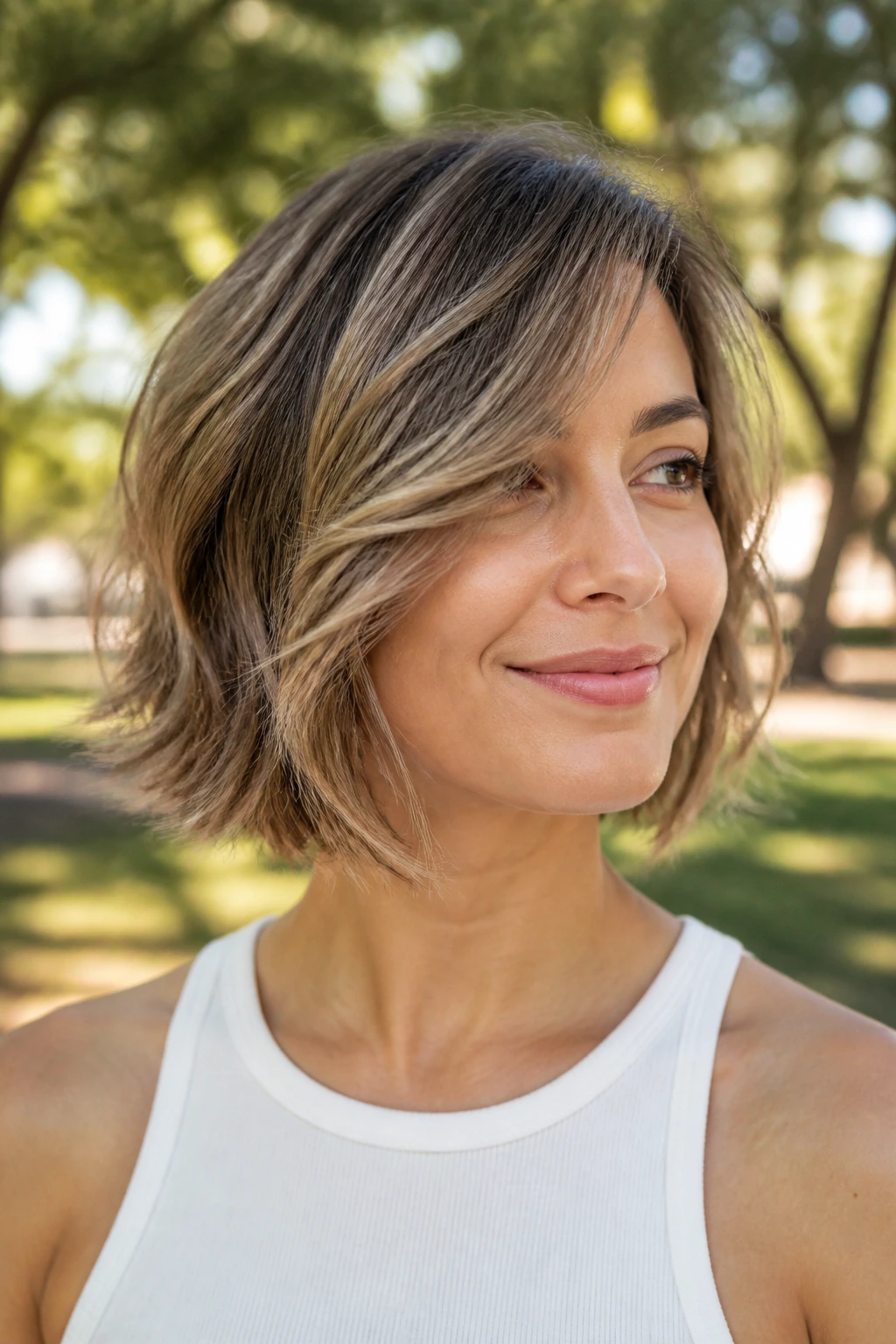 Portrait of a woman with an airy side-swept layered bob in a sunny outdoor setting
