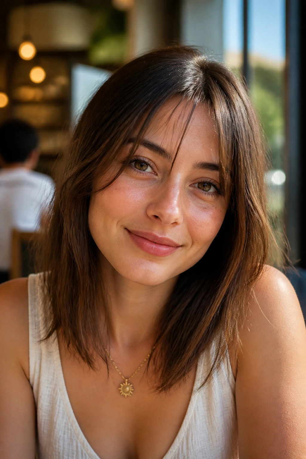 Real woman with airy split bangs and a center gap.