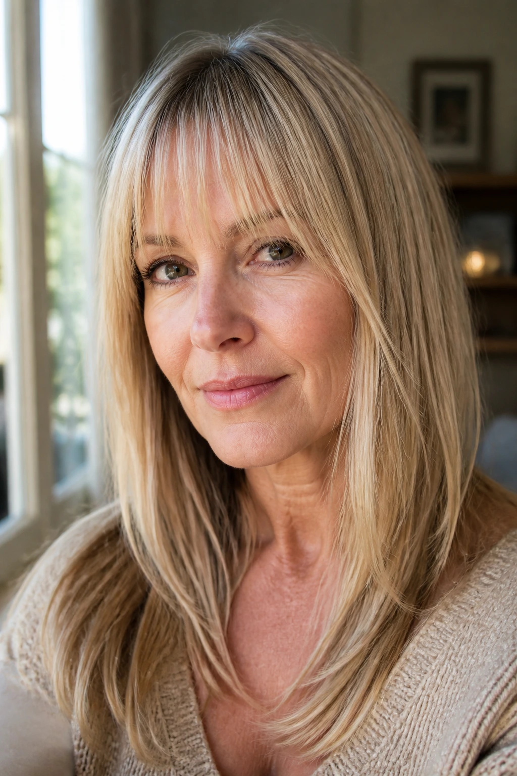 Real woman with airy straight bangs on fine hair in natural light
