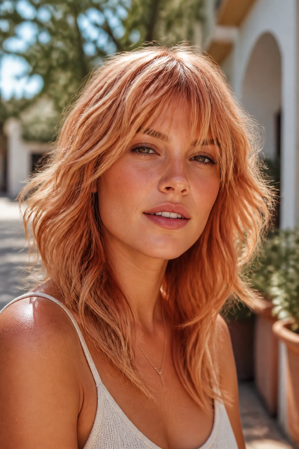 Real woman with airy strawberry shag and peach highlights in strawberry blonde