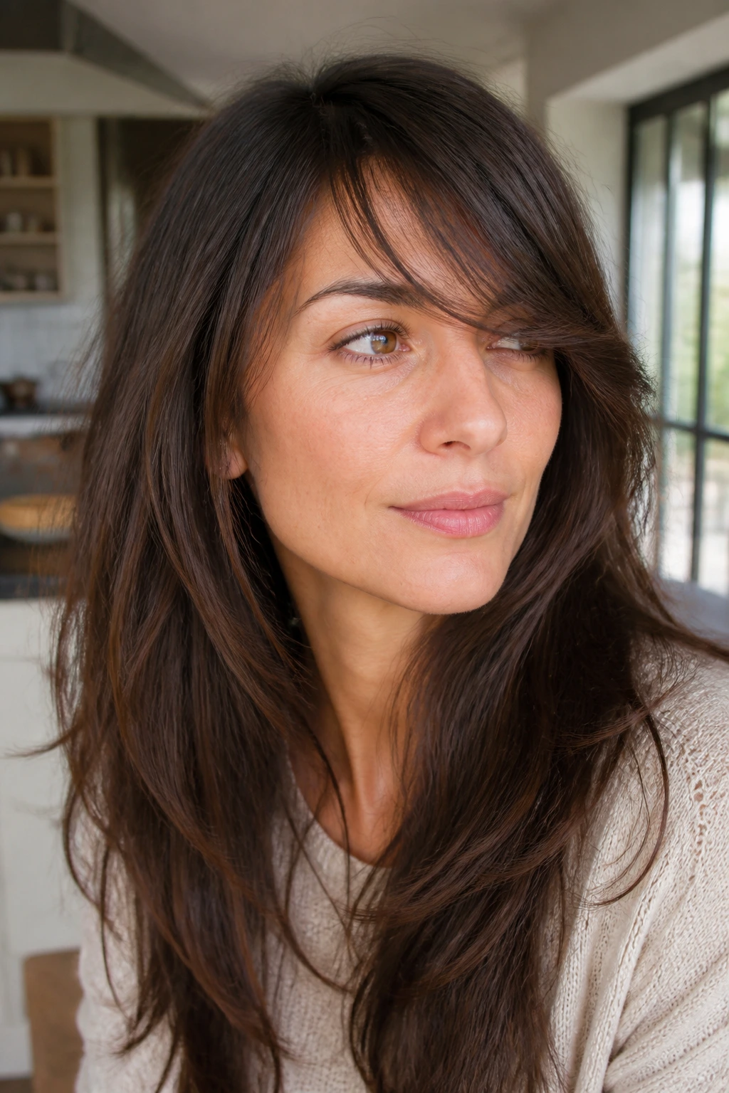 Close-up of a real person with Airy Sweep for Coarse Hair fringe in bright light