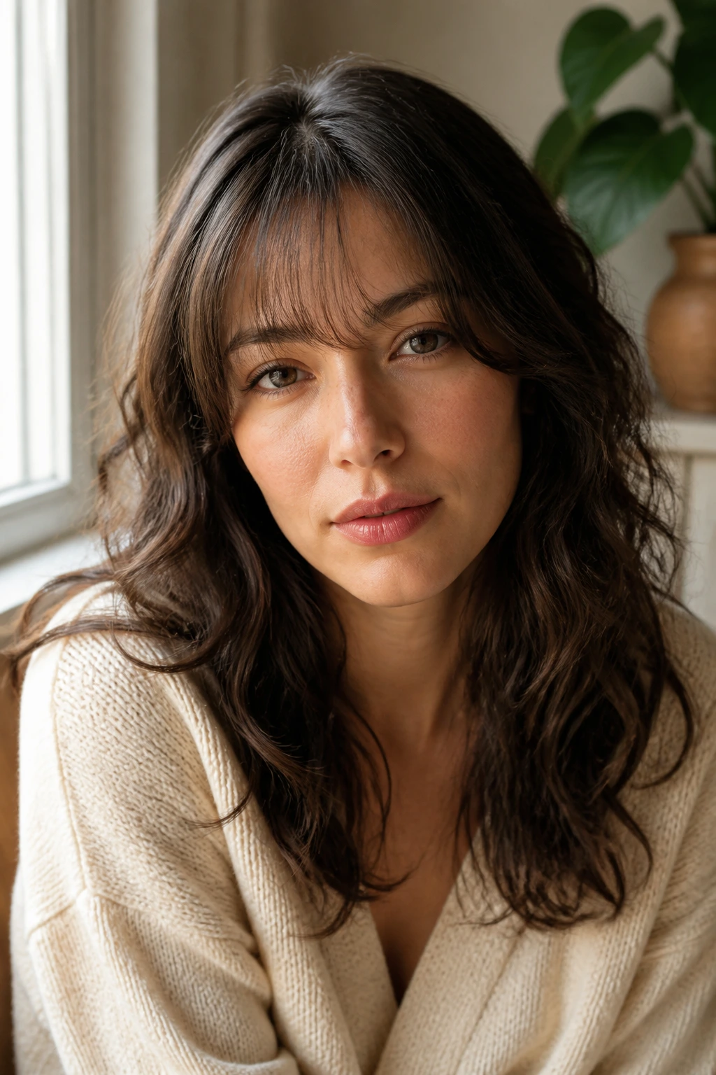 Portrait of a real person with an airy, lightweight fringe that appears see-through
