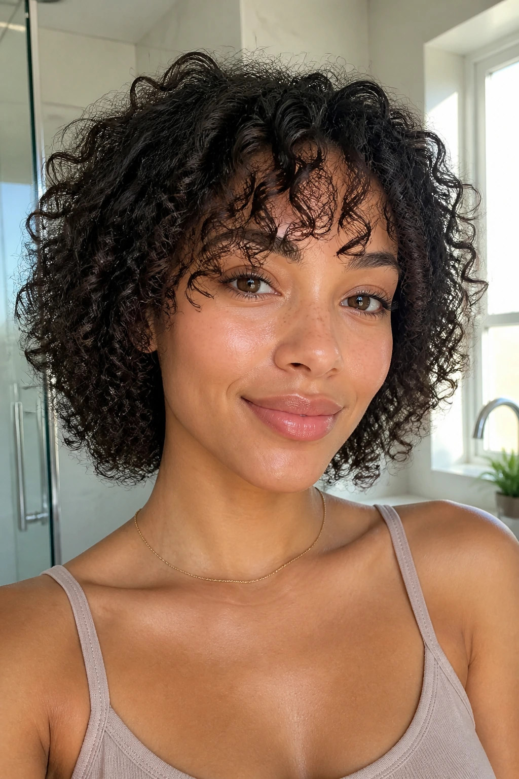 Close-up of a real woman with airy wash-and-go bangs drying fast
