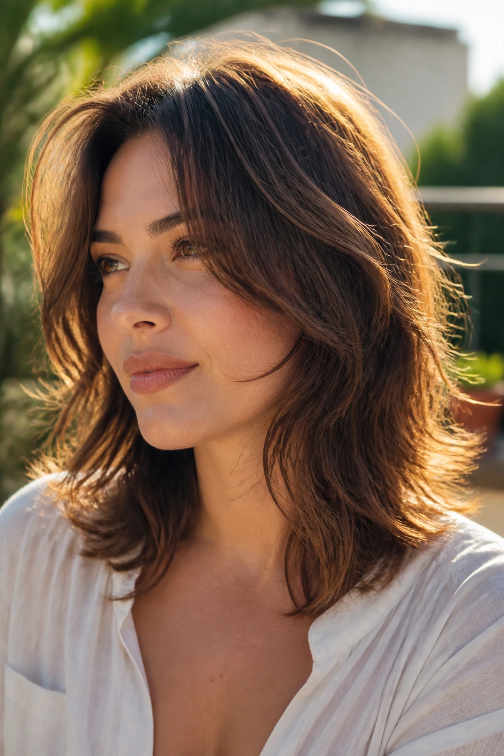 Real woman with airy wave layers and piecey ends in golden hour outdoor light.