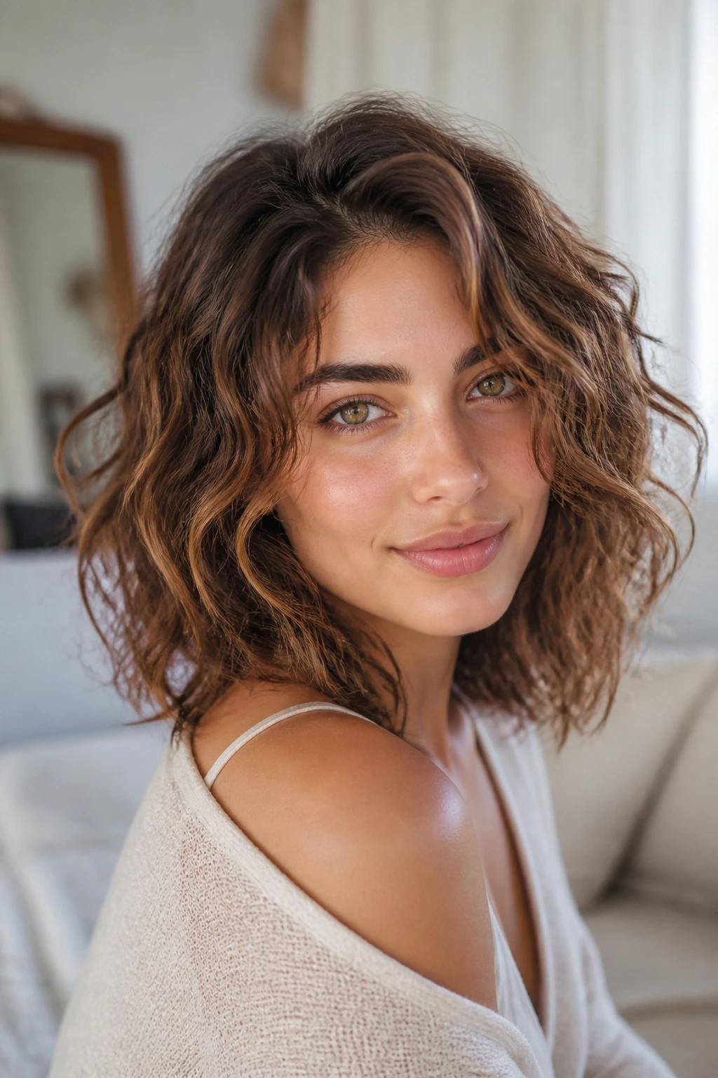 Close-up of a real woman with airy shoulder-length waves in soft natural light