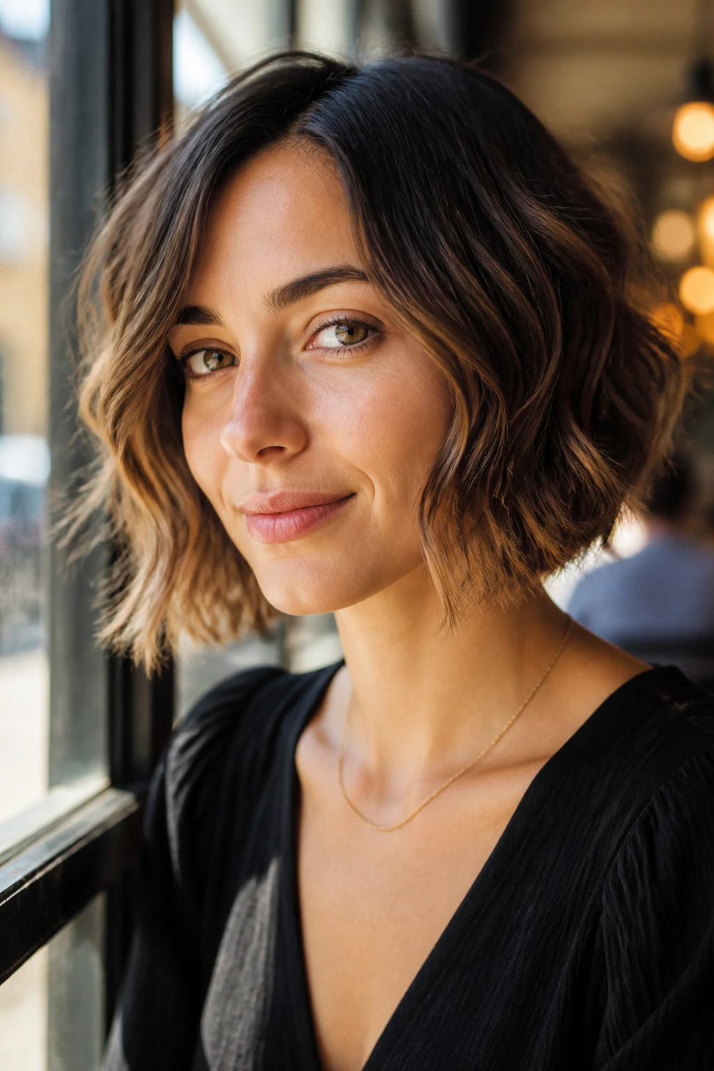 Close-up of a real woman with airy wavy bob in sunlit cafe setting