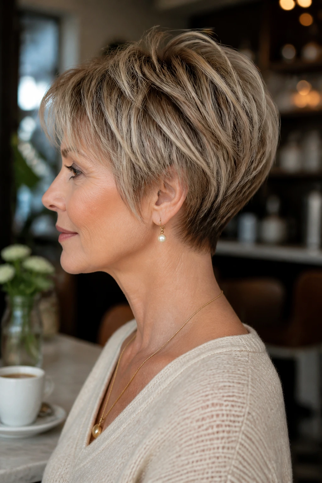 Profile portrait of airy wedge-inspired pixie shag with light babylights