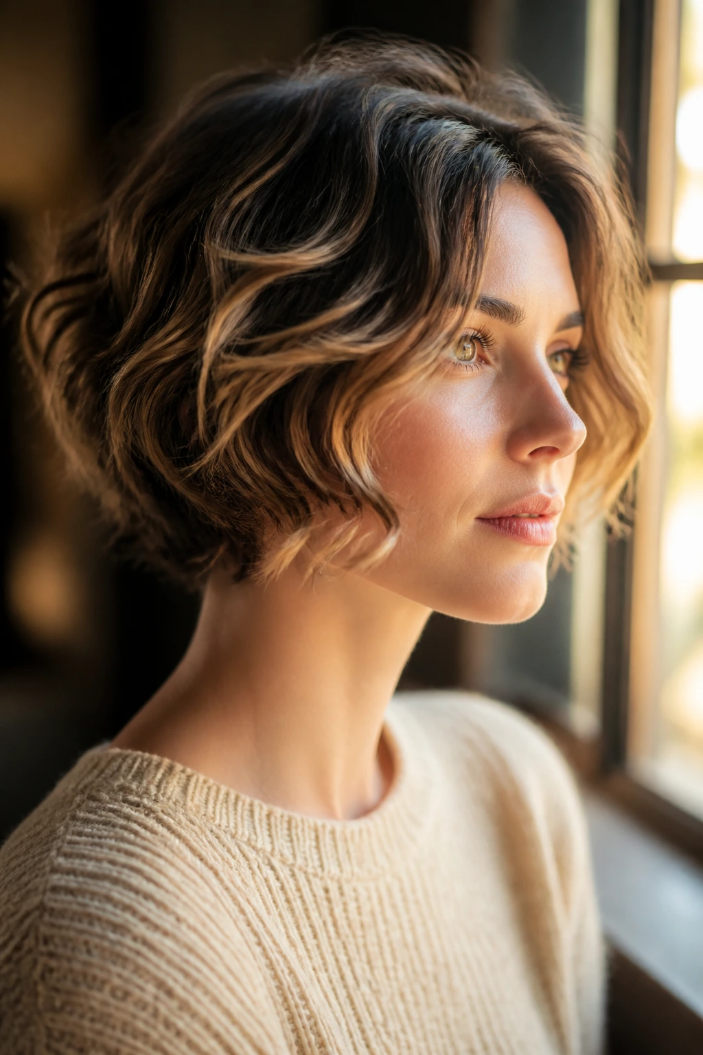 Portrait of a real woman with short hair styled in airy wedge waves