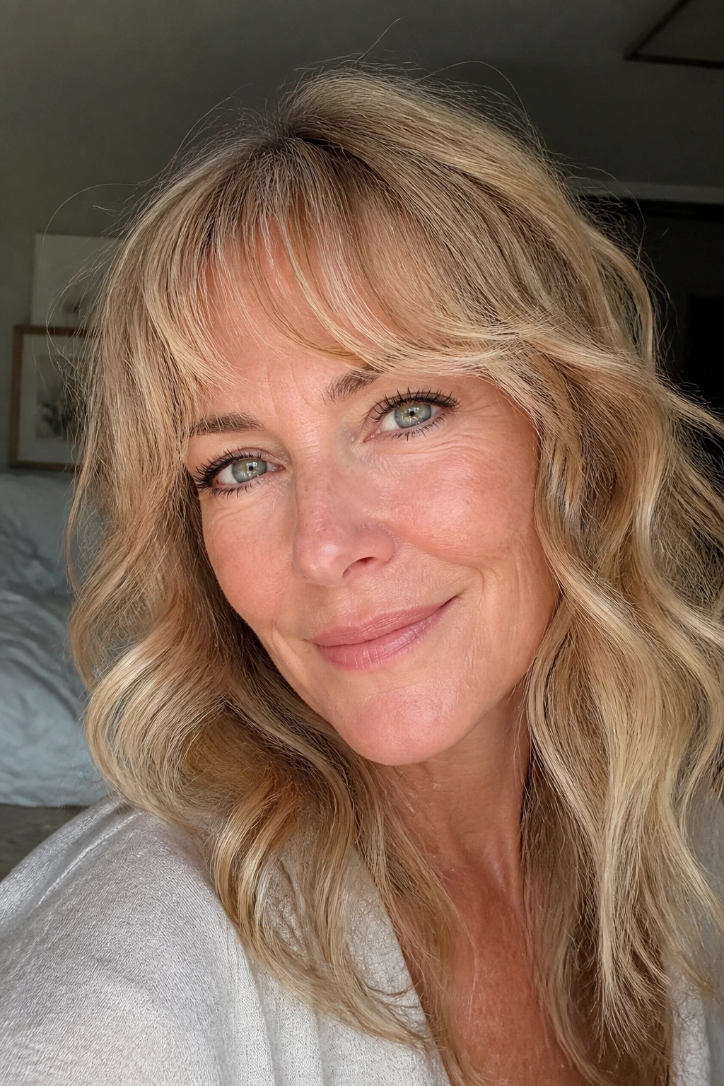 Close-up of a real woman with airy wispy bangs on fine wavy hair in soft daylight
