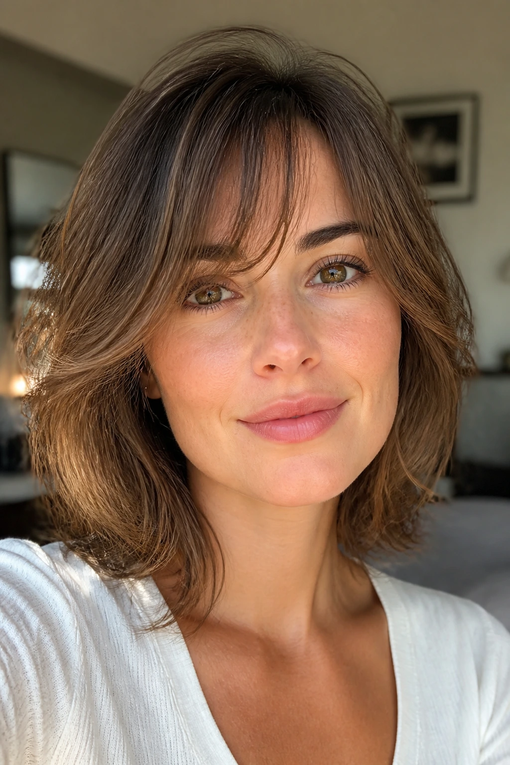 Real person with airy wispy swoop bangs softly framing the face