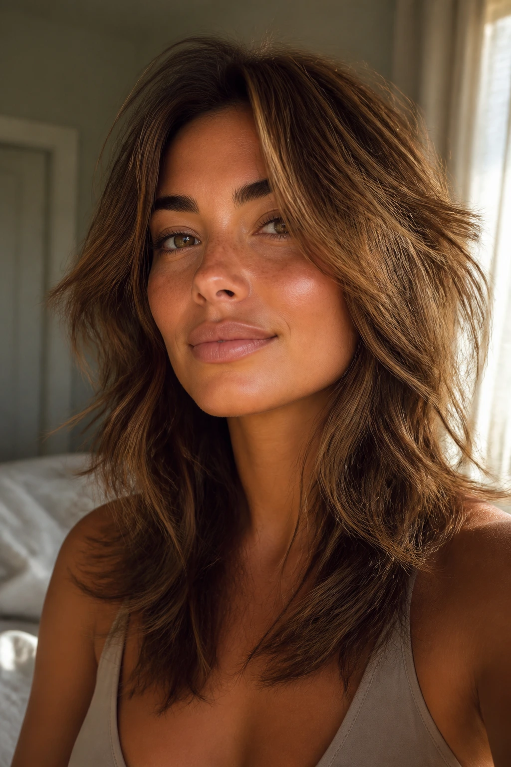 Real woman with airy wolf cut and brunette amber-toffee highlights.