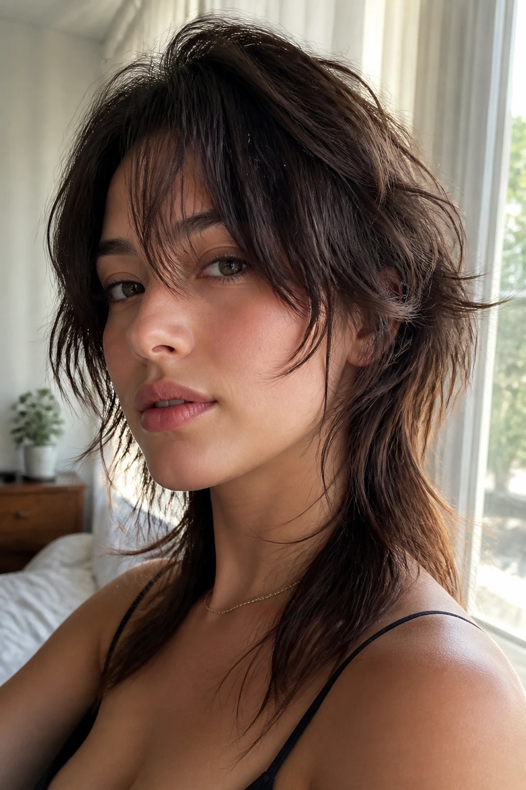 Airy wolf cut close-up portrait with textured top and cheekbone framing