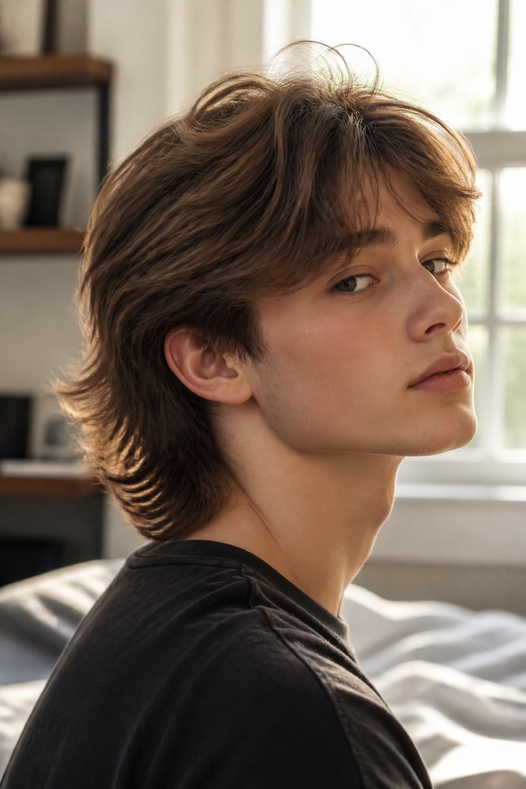 Close-up portrait of a real boy with an airy wolf cut lite in warm window light