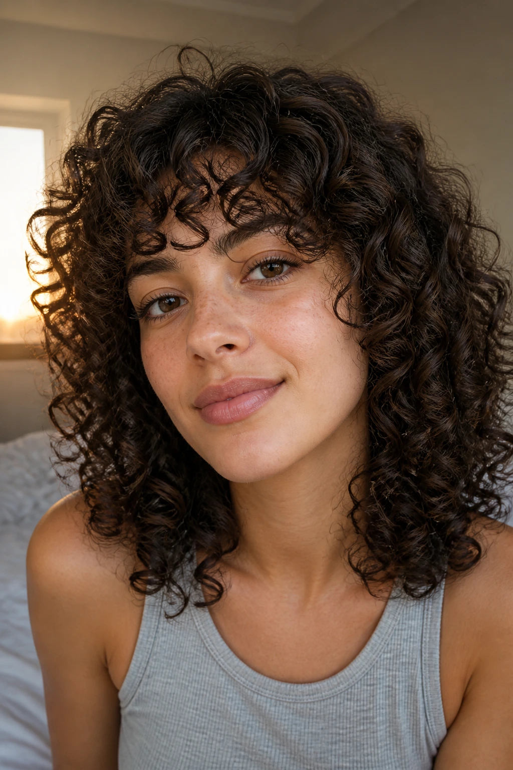 Close-up of a real person with a morning-friendly curly shape in soft dawn light.