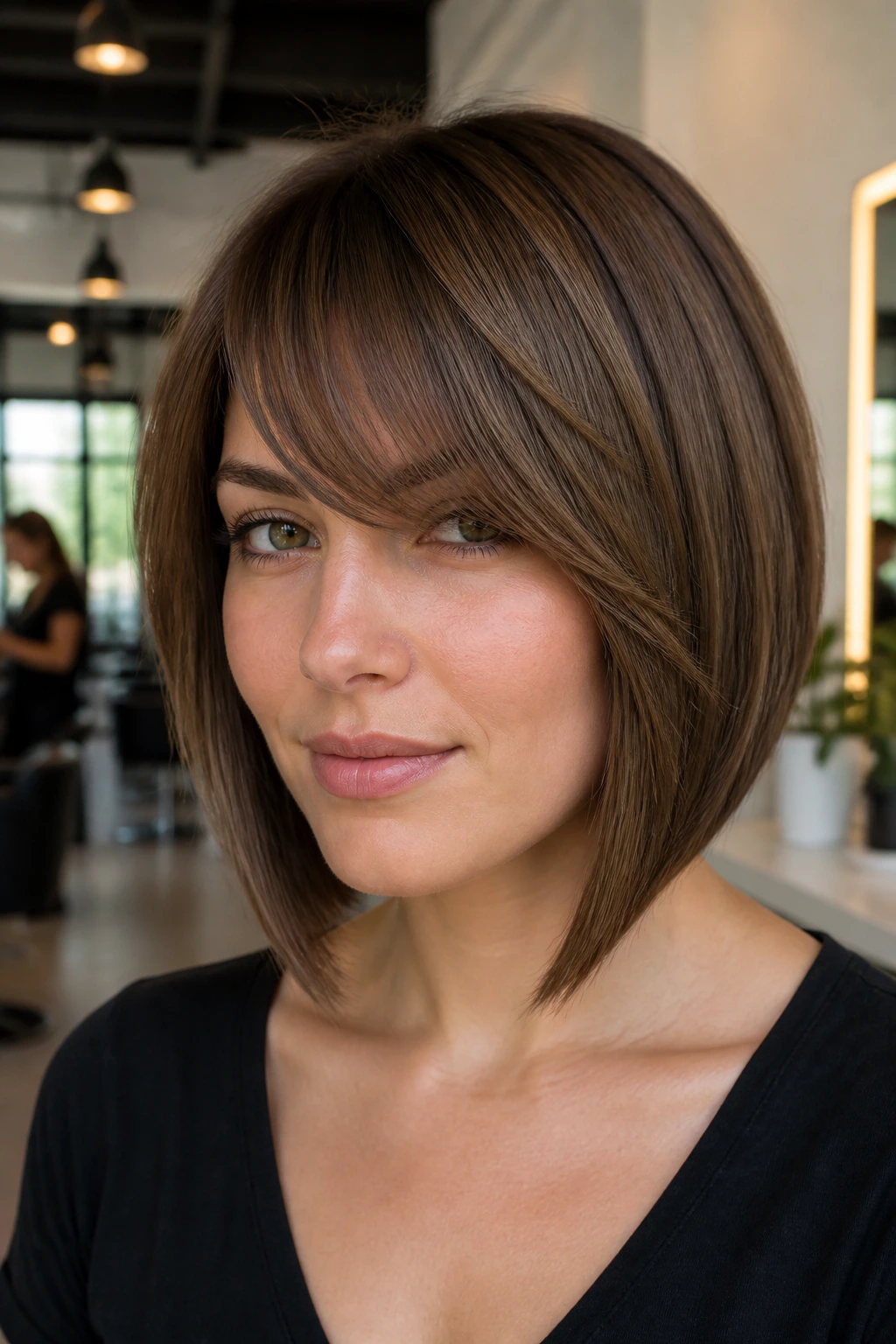 Close-up portrait of a real woman with an A-line bob and curved fringe