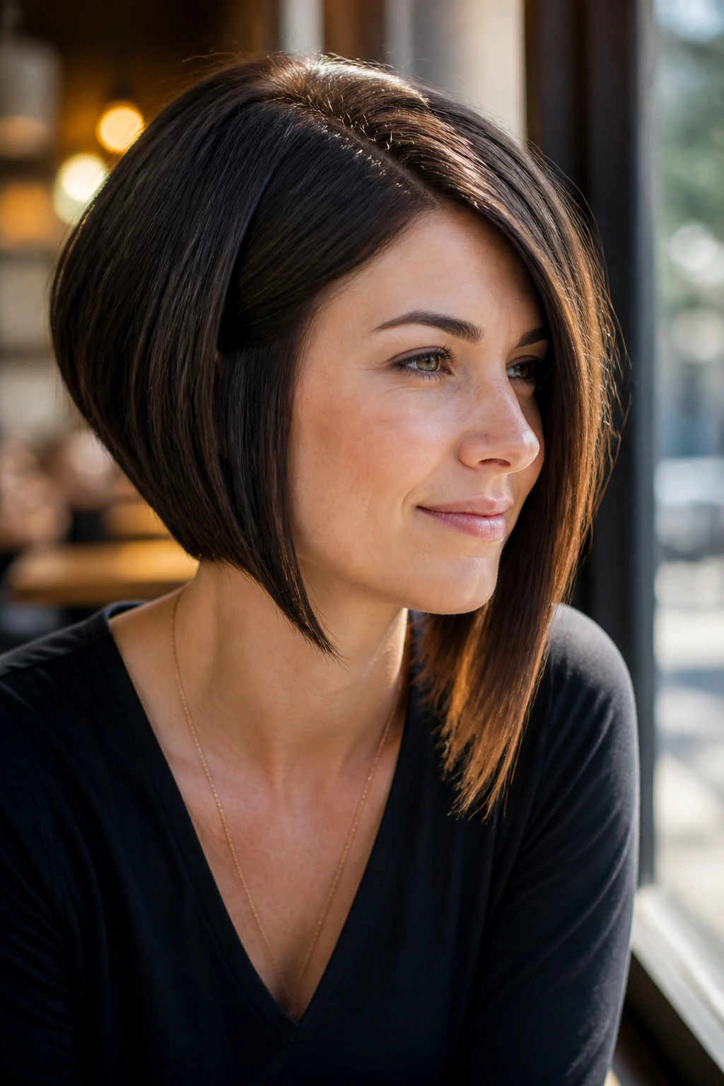 Close-up portrait of a real person with an A-line bob and long front panel framing the face.