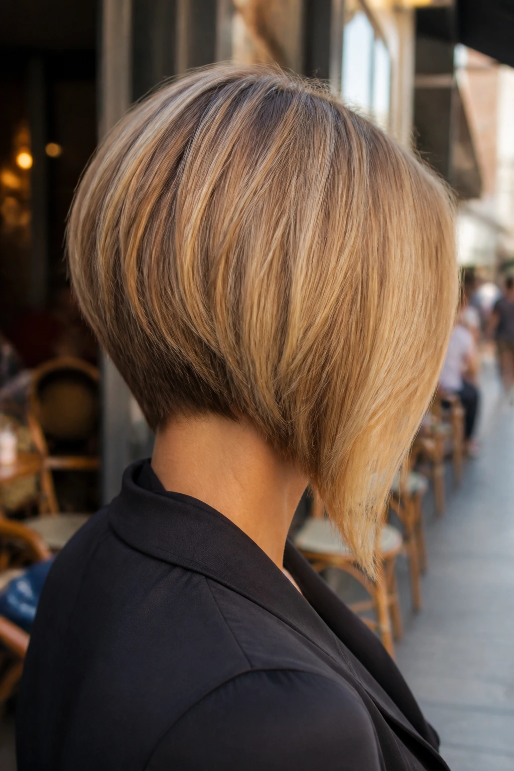 Three-quarter rear view of a real woman with an A-line bob and longer front sweep.