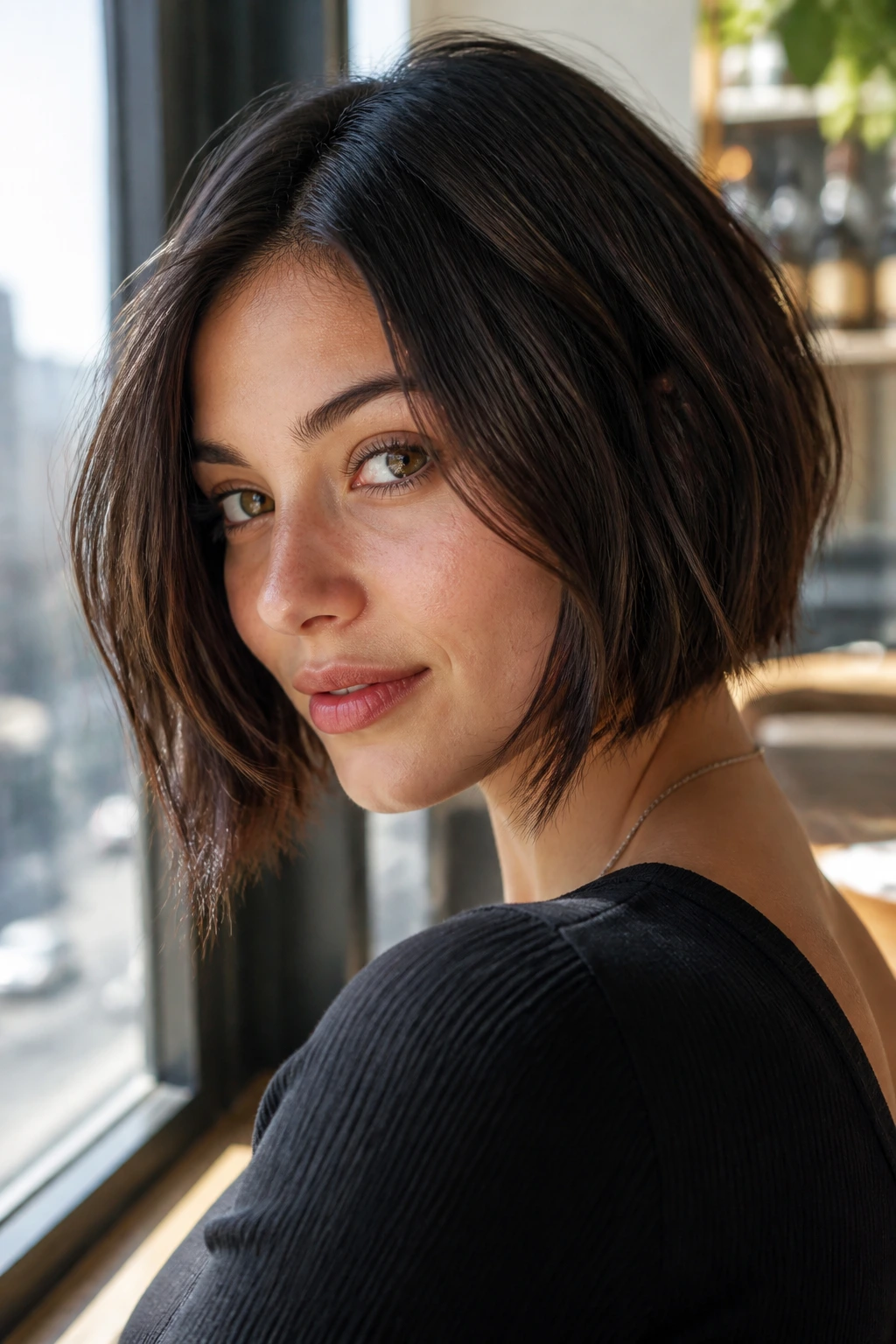 Close-up of a real woman with an A-line bob and loose ends in natural cafe lighting