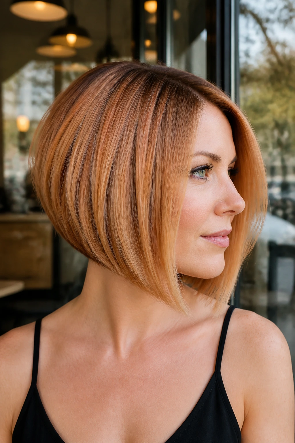 Close-up of a real person with an A-line strawberry blonde bob and subtle root shadow.