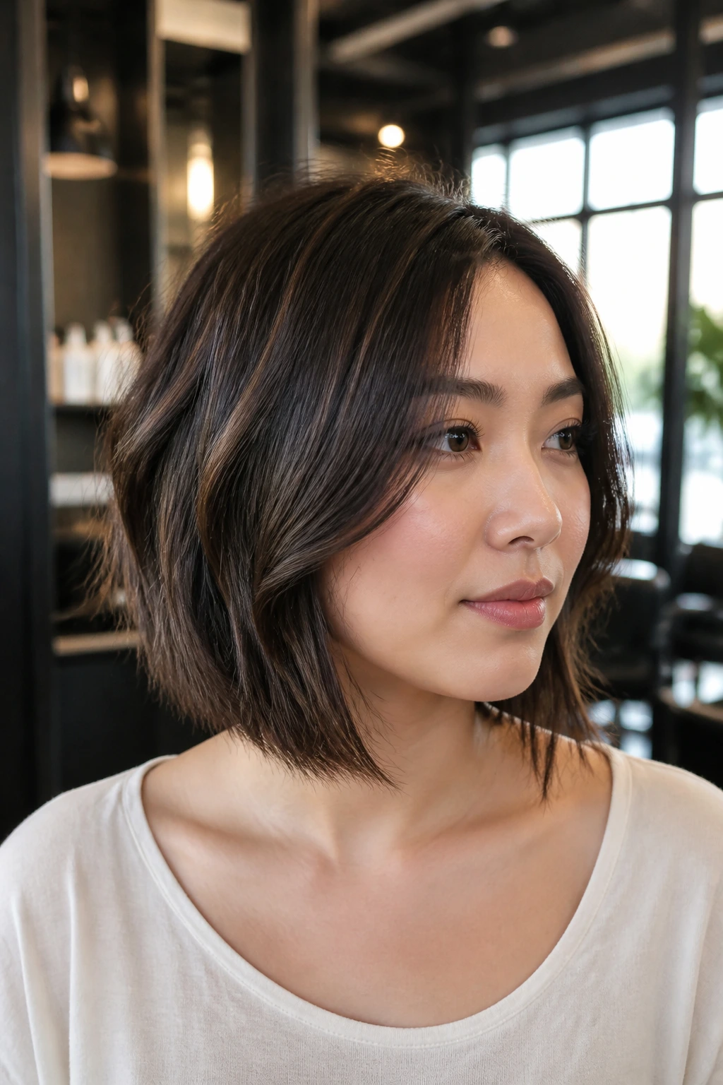 Close-up portrait of a real woman with an A-Line Bob featuring a shorter back and longer front