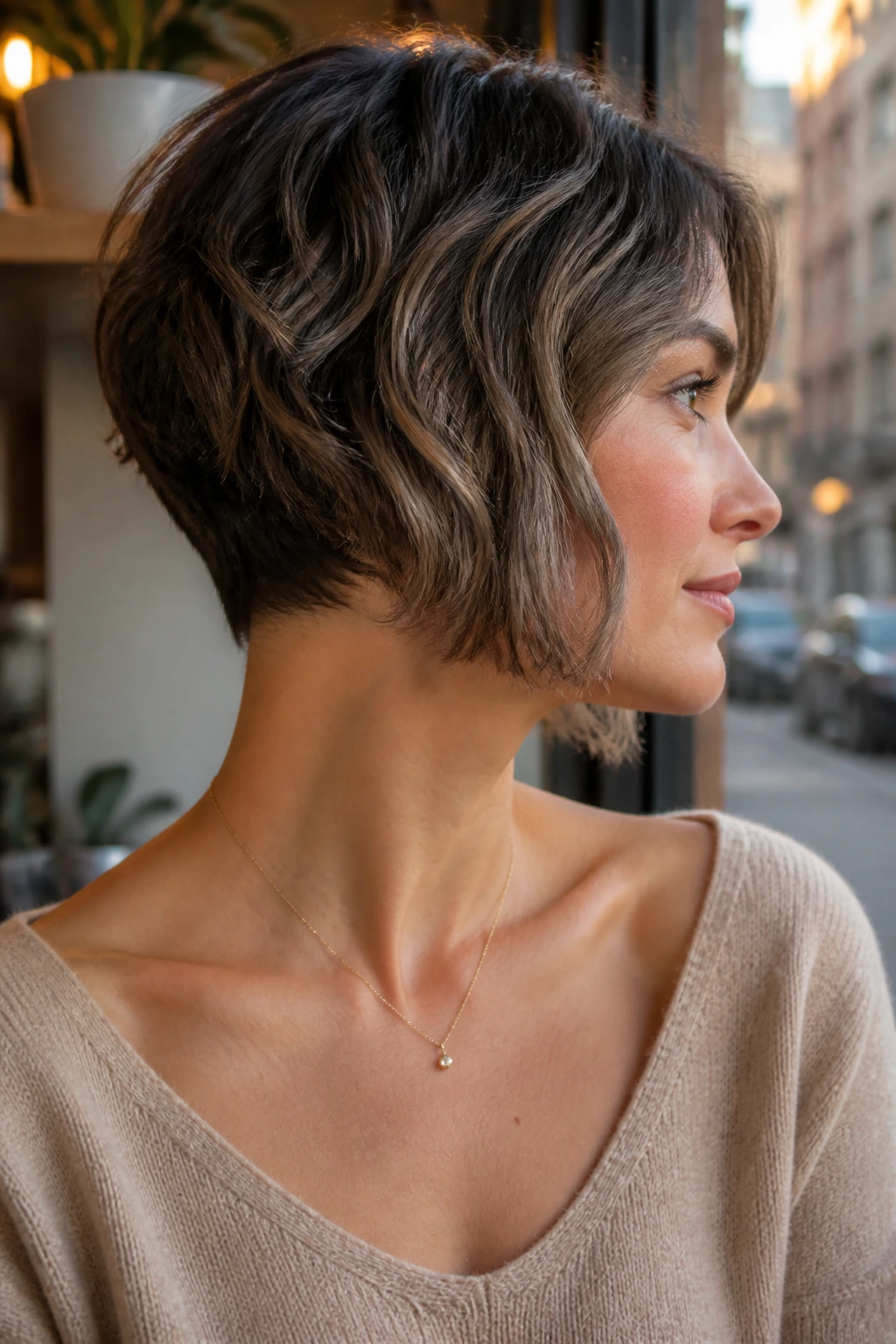 Portrait of a real woman with an A-line bob and tapered nape