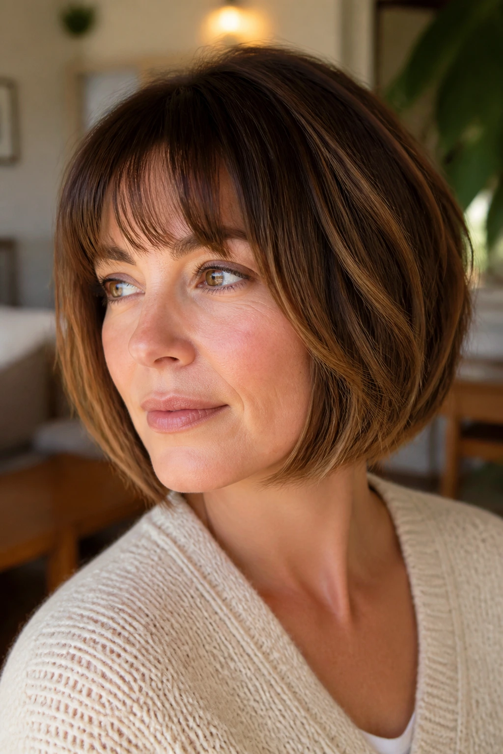 Real woman with textured A-line bob showing variation