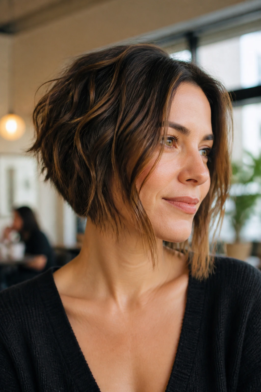 Close-up of a real woman with A-line choppy bob and longer front pieces.