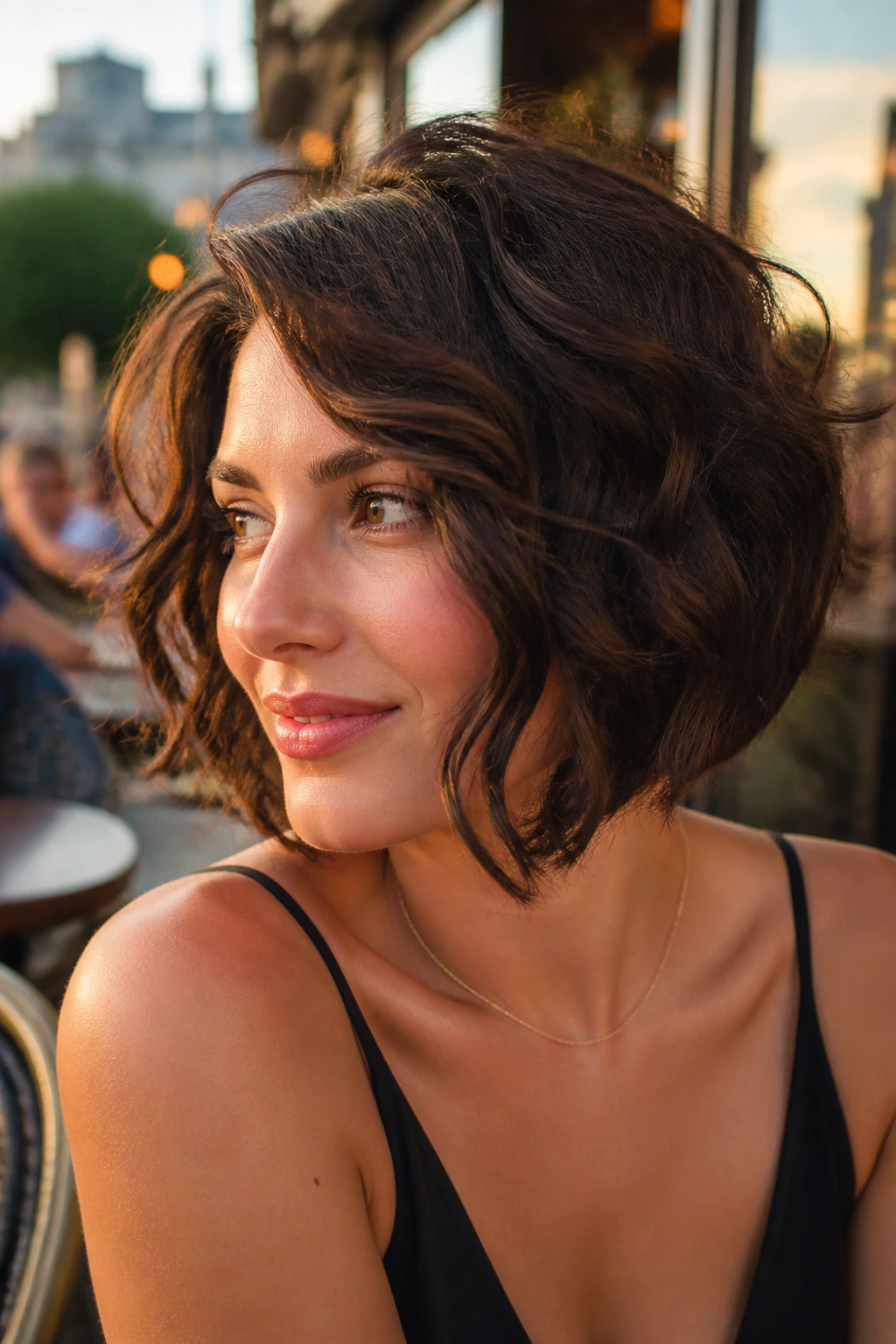 Portrait of a woman with A-line curled bob and longer front pieces